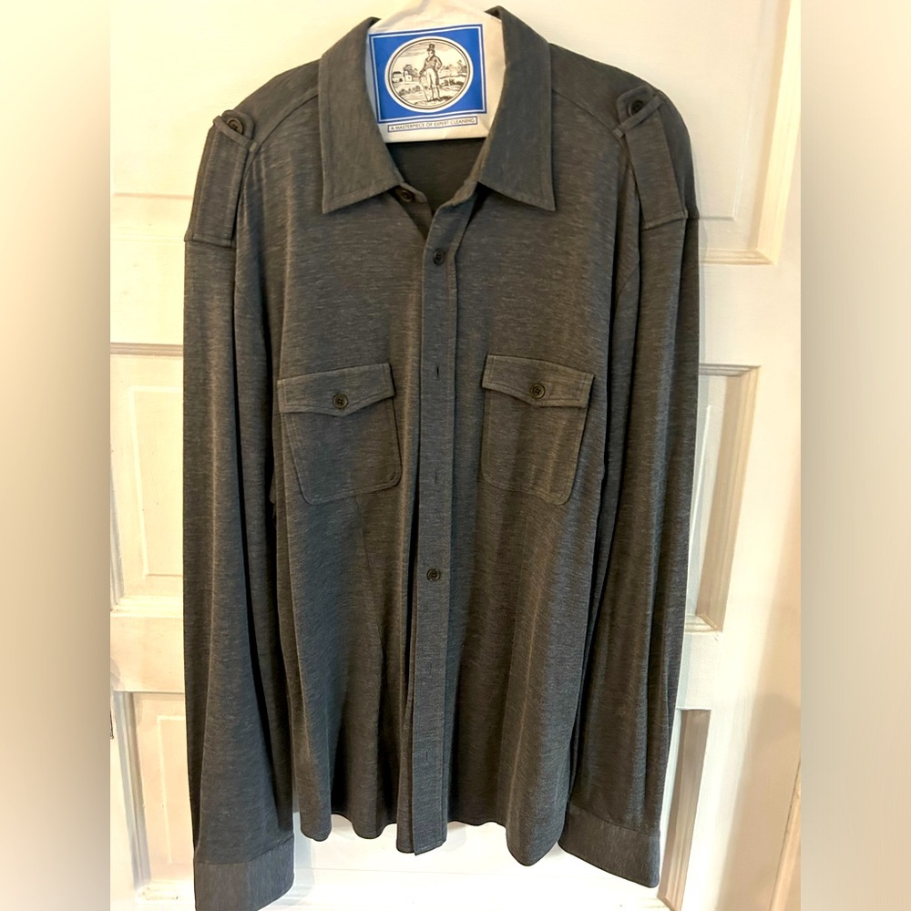 John Varvatos military gray large long sleeve button up shirt:70% silk & 30% cot